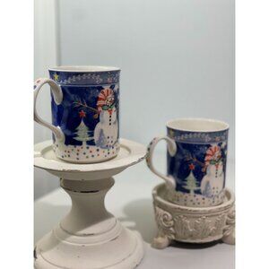Noritake Epoch Snowman Mugs Set Of 2 Blue & White Ceramic Christmas Holiday Mug